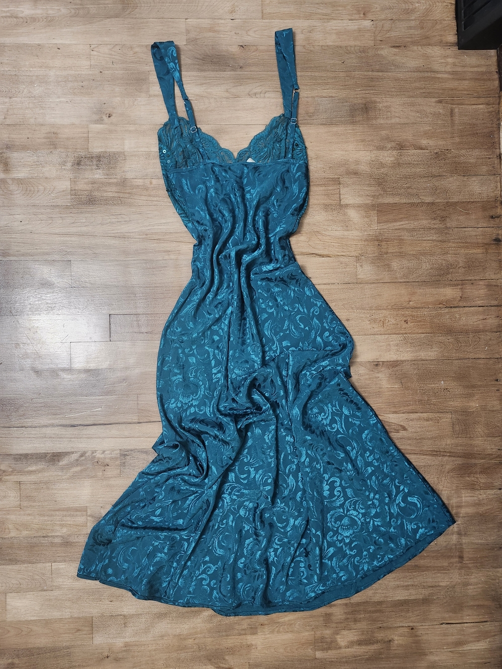 Victoria's Secret Teal Satin Lace-Trim Slip Dress - Picture 3 of 4